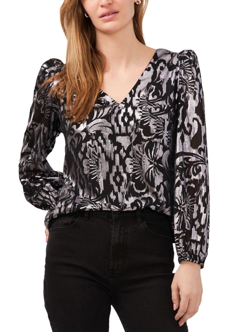1.State Women's Metallic-Print Puff-Sleeve V-Neck Blouse NWT M